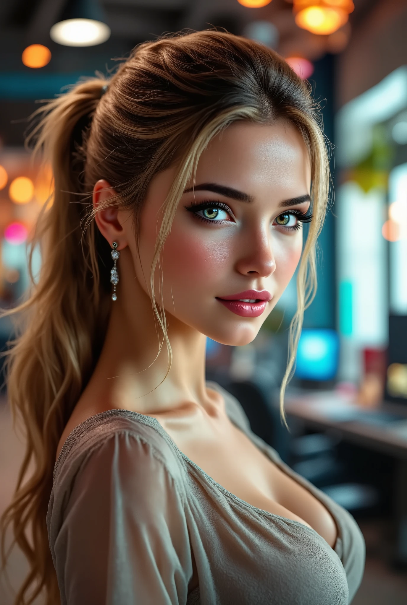  [Style: "masterpiece, realistic, (photorealistic Realism), ultra-detailed, Hyper high resolution" - "(Hyper quality, intricate ultra-detailed digital art)"](Key Directive: - ("The priority is the anatomical accuracy and texture of the materials" - "Ultra-sharp human eyes with biological accuracy") "Eyes:{(acid-resistant terminology)(macro-details:1.3): Moist corneal surface(visible aqueous layer:1.2)Hyper-detailed iris stroma ((brown:1.3) with gold flecks) Precise limbal ring (slightly neons pigmentation:1.25)Pupil micro-texture (irregular edge authenticity:0.9) * Vasculature in sclera(subtle red veins radiating from limbus)" - "Lashes: pink individual synthetic fibers (crosshatched roots,clump-free separation)" | Pose: "((full body combat-ready stance)) (plausible spinal twist)"Technical Specs:(Optics: - "Zeiss Otus85mm f/1.4 lens(eye refraction calculations:0.66)" - "Shutter Speed:1/500(freeze eye micro-movements)" - "Focus Stacking:7-point coverage on iris plane") (Post-Processing: - "Frequency separation for skin vs eye details" - "Selective sharpening: eyes180%,hair120%" - "Denoise: luminance20,color35(retain corneal speculars)")(Avoid: "pupil distortion, uncanny valley asymmetry, plastic-like wetness") a fairy tale-like picture , beautiful woman, full body photo, A well-drawn fairy tale, beautiful bizneswoman, , a fairytale-like picture , Detailed description, A well-drawn fairy tale, Vivid expression , Detailed facial features, Luxurious office Outfit, colorful, graceful posture, (slim-muscle body),((firm and full big breasts:1.4)) ["(slim belly, narrow waist, pertect ass, perfect thighs)"] Fantastic Backgrounds, magical atmosphere, Sophisticated contrast treatment, Detailed texture expression, Precision drawn with expert craftsmanship, Vibrant colors, Detailed texture expression,(Rendering engine: "Unreal Engine 5 path tracing, 16K texture maps") Anisotropic Filtering,Maximum Sharpness and Sharpness,Albedo and Specular maps,Surface Shading }