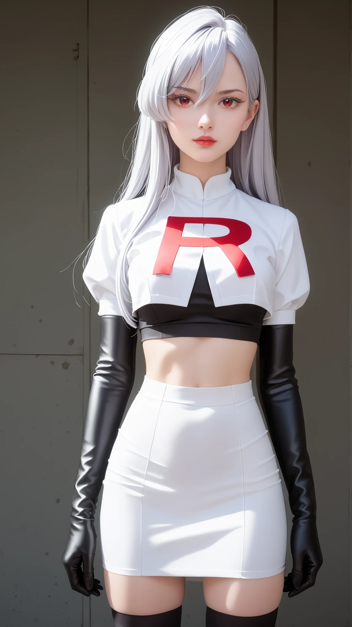 (masterpiece) ,best quality,Great Quality,very aesthetic,absault dress,newest, take a look here (The 100 Girlfriends Who Really, Really, Really, Really, Really Love You), team rocket,team rocket uniform,white skirt,Red letter R,crop top,Black Thigh High Socks,gloves with black elbow pads, 1 girl, long hair, bungs, hair between eyes, Red Eyes, Gray Hair,,cowboy shot