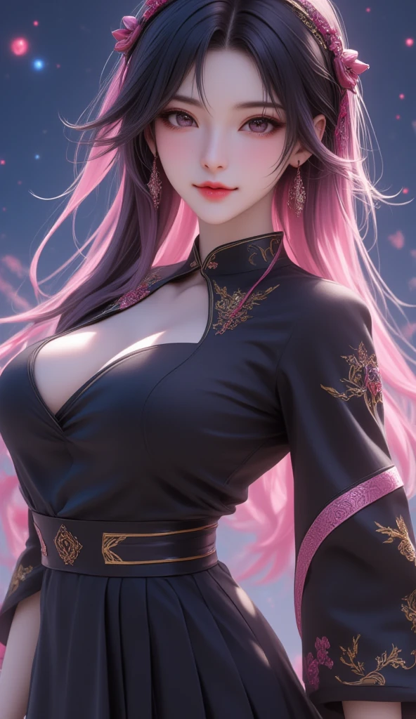 Masterpiece, top quality, pink hair, blue lightning, realistic, realistic details, high detail. Blue clothes. Blue Thunder. Blue crystal. Black suspended particles. Black smoke. Black crystals around. Black smoke wafts around. Warping the body. Warping the body. Horn. Darkness. Ochi Yami Yugi. Laugh. Very short. Boyish. Short hair. Short hair.
1 girl, beauty, , fine skin, anicos_No one,, navel, detached sleeves, bare shoulders, center opening, cleavage between breasts, middle breast, long feather hair clip, blue hair ornament, thigh height,watch viewer,isekai, ochi yami play. Temptation. Brainkill. Tattoo. Demon Tail. Gold pattern at chest. Luminescent tattoo. Luminescent tattoo. Devil's wings. Black and gold tiara. Tiara. Complex and luxurious tiara. Smile. Luminescent blades.