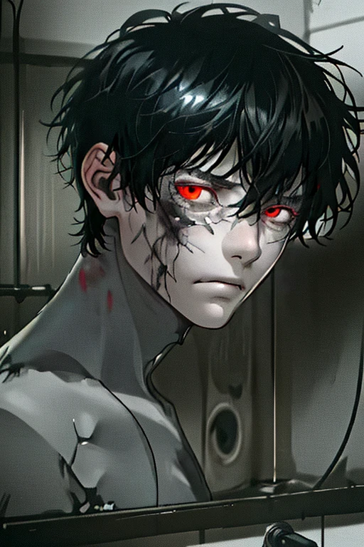 Attractive demon boy with black shorts hair and red eyes with tail, smiling creepy