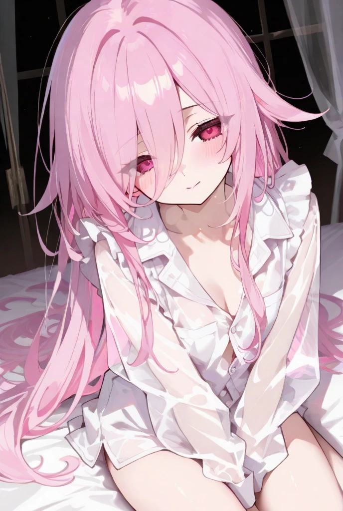 White long hair girl,anime,wet dress,dark red eyes,seductive face,very detailed, masterpiece,fullcolor,visible underwear,ahoge,hand licking,sitting on bed,in a wooden room,di atas ranjang putih,