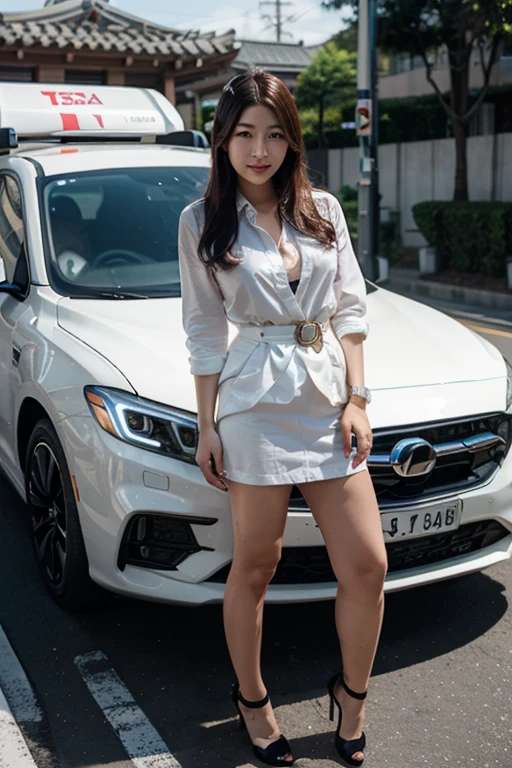 1girl, solo, full body, wide shot, ningguang_genshin, ningguang from genshin impact stands next to her white car, white outfit, white color car, highly detailed and intricate details, ningguang_genshin, looking at viewer, standing next to car, masterpiece, best quality, beautiful lighting, absurdres, high res, ultrasharp, 8K, masterpiece, looking at viewer