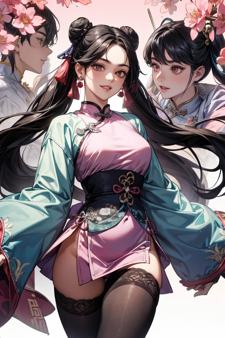 Masterpiece, Superb Product, Night, Full Moon, 1 Female, Mature Woman, Chinese Style, Antique Chinese, Sister, Royal Sister, Smile, Dark Brown Hair, Princess Scissors, Braids, Updo, Double Ball Head, Pale Pink Lips, Calm, Intellectual, Medium Distribution, Green Eyes, Hairpins, Hydrangeas, Chest Leakage, Sexy Posture, Very Hot Look