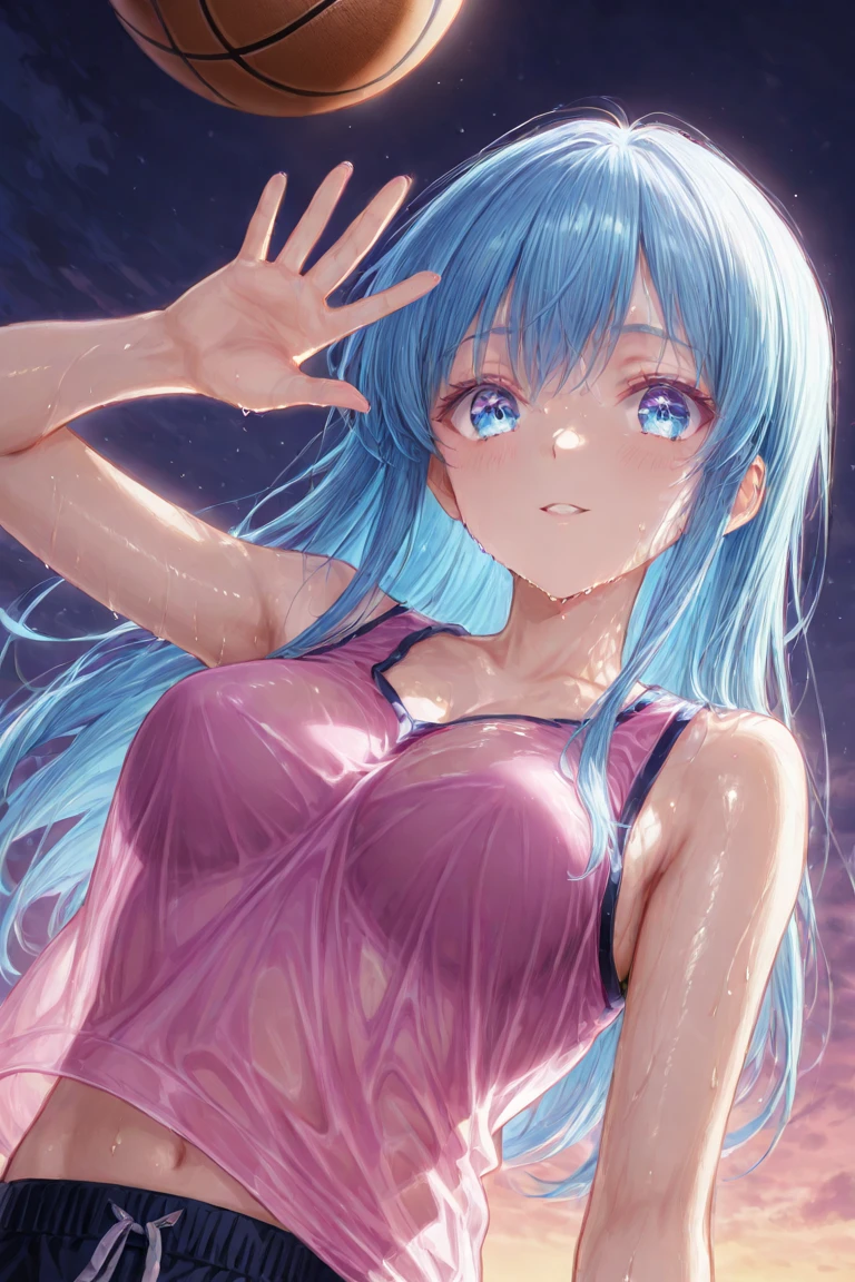 8K, Portrait, Maximum Resolution, HDR, Ultra Realistic, 3D, 8 Heads, Full Body, Front, Low Angle, Squatting, Grinning Face, Cross Eyes, Tongue Out, Rubbing Breasts, Transparent White Skin, Tall, Hard Pink Nipples, See-Through Bikini, Protruding Nipples, Licking Chin, Sensual, Drenched, Sweat, Wet, High Gloss, Wet hair mixed with blue and green and pink and purple, Seduction, Ecstasy smile