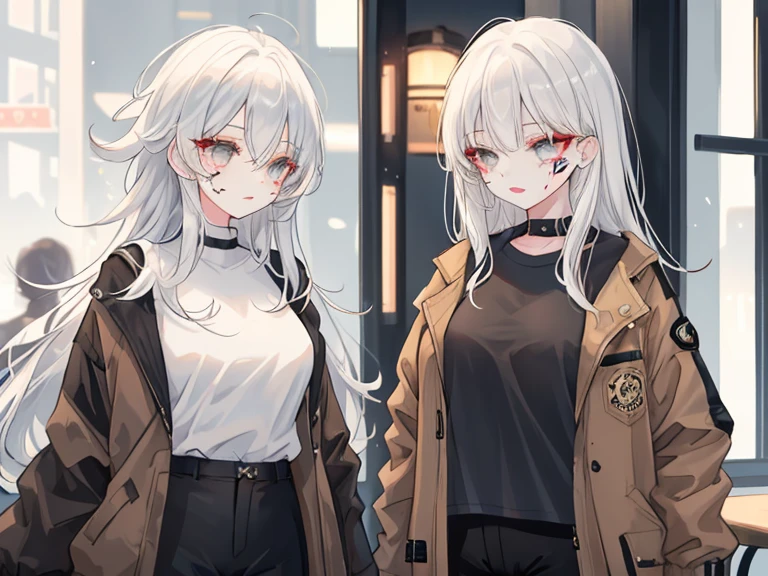 a Woman, adult woman, looking like 35 years, black shirt, long jacket, Brown jacket, open jacket, black pants,  gray eyes, scars on my face, messy hair, white hair