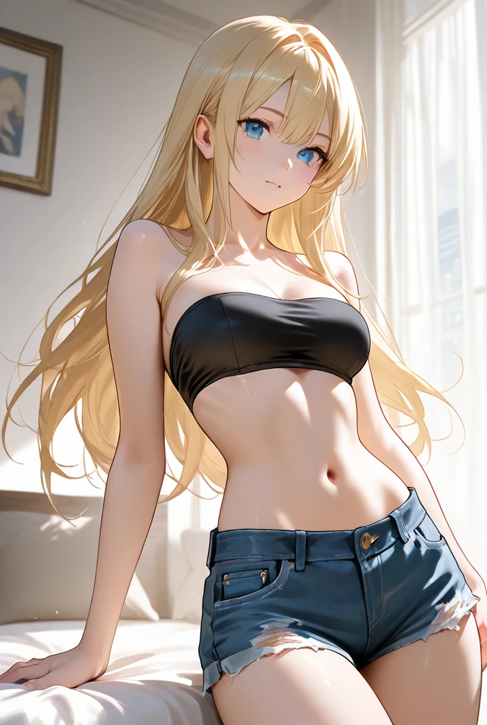 A blonde female character with long hair and bangs over her eyes, smiling with a flushed face. She has red-tinted eyes and wears a black choker, gold bracelets, gold earrings, and a necklace. The character is dressed in a tight white tank top that emphasizes her bust, which has a beauty mark on it, and she wears blue denim shorts with a small accessory tucked in.