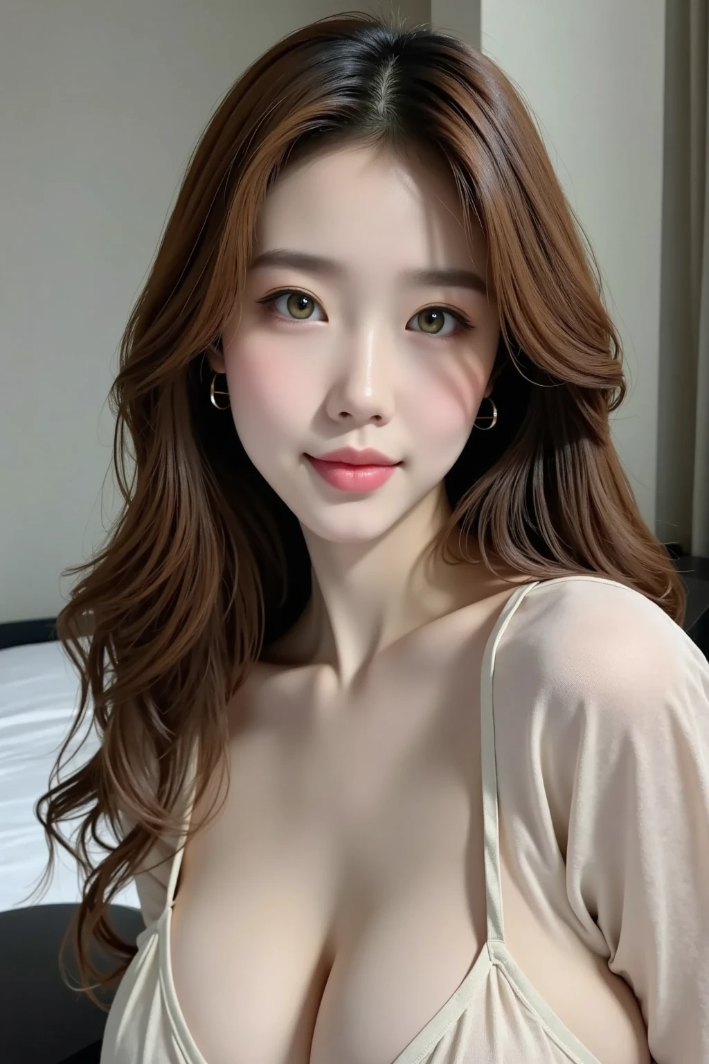 a close up of a woman with long hair wearing a white top, beautiful south korean woman, gorgeous young korean woman, beautiful young korean woman, heonhwa choe, jaeyeon nam, popular korean makeup, female actress from korea, popular south korean makeup, korean girl, asian girl with long hair, center parted brown hair, cute korean actress