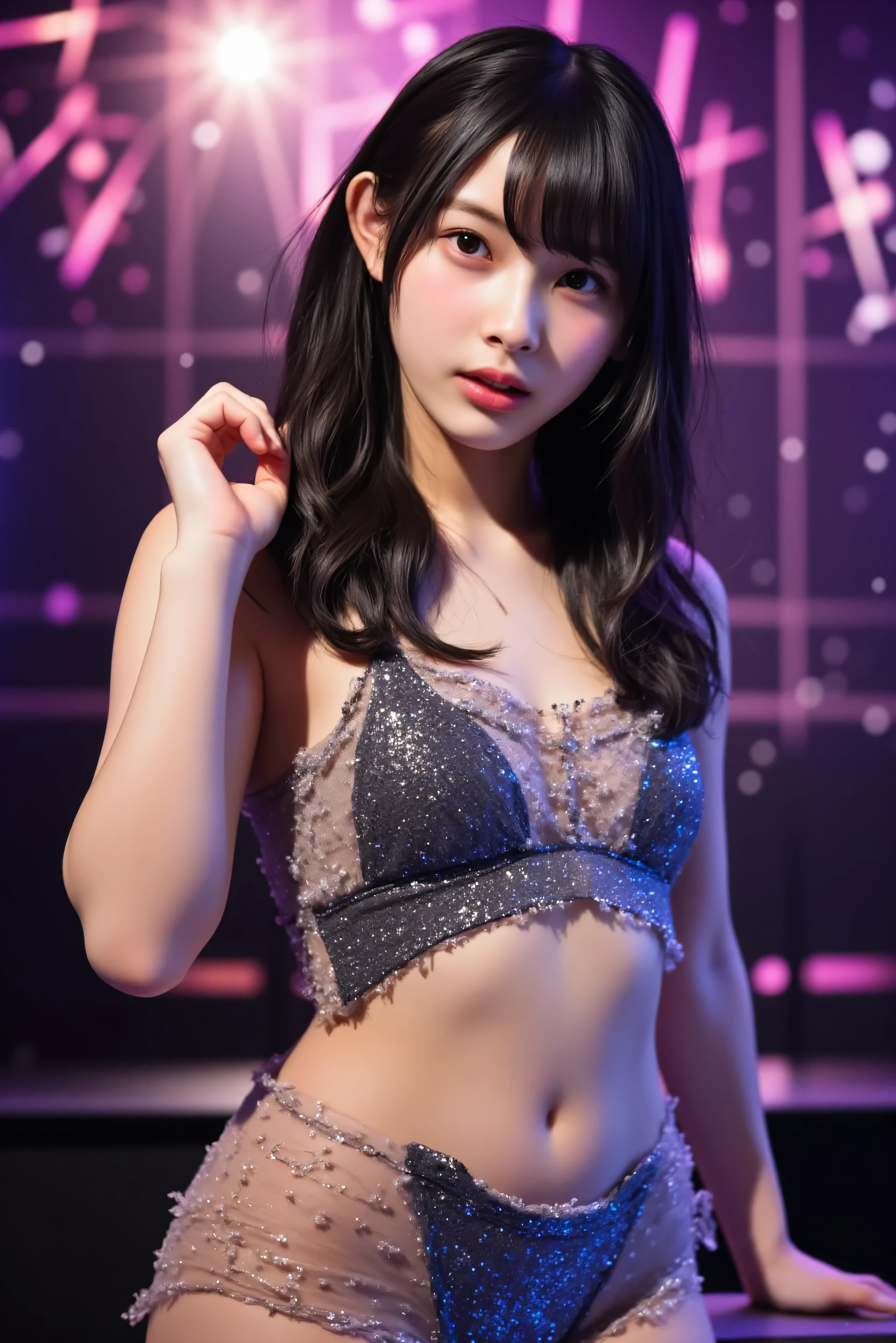 best quality, detailed, beautiful, insanely detailed, absurdres,perfect anatomy,
Japanese woman,black hair,27 years old,
(slender),
(small breasts),
stadium, cheerful grin, legs spread, (dancing scene), looking to the side, curly hair, idol, on stage, intense closeup shot, dynamic angle, spot lighting