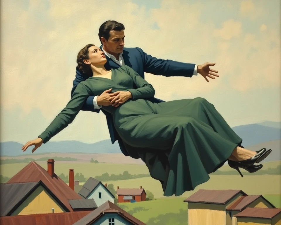 Two figures, a man and a woman, depicted in a Cubist style, are levitating above a village scene.  The figures are clothed in muted green and blue garments, suggesting a timeless or historical context.  The man's expression is neutral; the woman's is serene.  Both figures appear to be middle-aged or older.  The figures are positioned in a dynamic embrace, with the man's arm outstretched. Soft, muted colors are used in the piece, with muted tones of grays, blues, and greens. The style of the painting evokes a sense of serene wonder, a timeless moment of romanticism. The environment depicts a village with simple wooden structures. The palette includes muted tones of reds, yellows, blues, and greens.  Buildings are rendered in a simplified form, indicative of cubist style, with geometric shapes and flat planes. The perspective is a high angle, creating a sense of distance. The composition is balanced, with the figures at the center and the village landscape receding into the background. The technique is  of watercolor or tempera, with soft, blended brushstrokes.  The overall mood is one of contemplation and quiet emotion.  The scene is a harmonious blend of human figures and the village landscape, expressing a sense of tranquility and wonder.  The art movement is clear Cubism with a touch of surrealism.