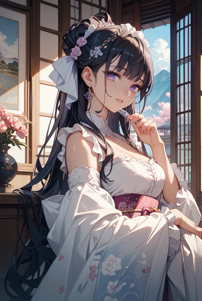 (Masterpiece:1.2, Best quality), cleavage,Large breasts,white shirt,(fine detailed beautiful eyes: 1.2), 1girll, (komono:1.3), Large breasts, Bare shoulders, flowers and petals, Beautiful concept illustration, (White background:0.5), (illustration:1.1), (Extremely fine and beautiful:1.1), (Perfect details:1.1), Cowboy shot,