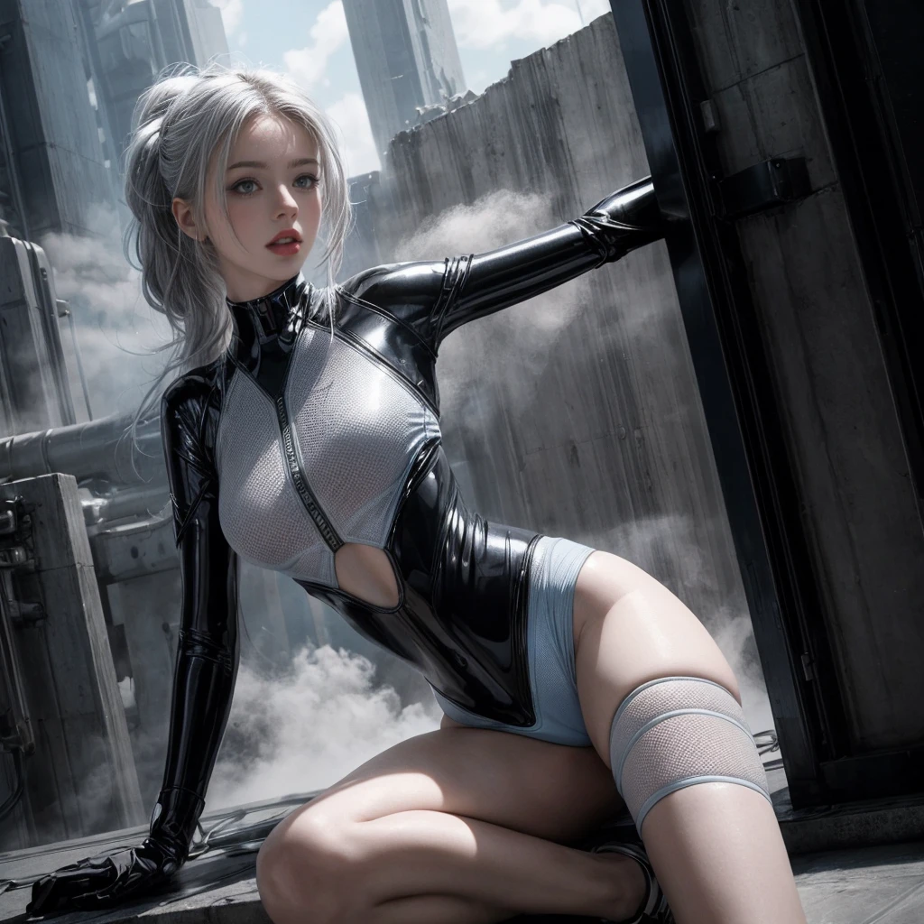 top-quality、hight resolution、ultra-detailliert、​masterpiece、Raw photography、realisitic、Photorealsitic:1.5、extremely delicate and beautiful、finely detail、(beautiful white girl android)、(The face was modeled after a Russian person..)、(Part of the body is made of metal)、(beauitful face)、(A detailed face:1.1)、deadpan、(sit on a spaceship bed&#39;operating room)、(with spreading legs)、(Wearing a futuristic red and black bodysuit)、(white  hair)、(blue eyess)、(Bare legs)、(Short black boots)、(At SFW)