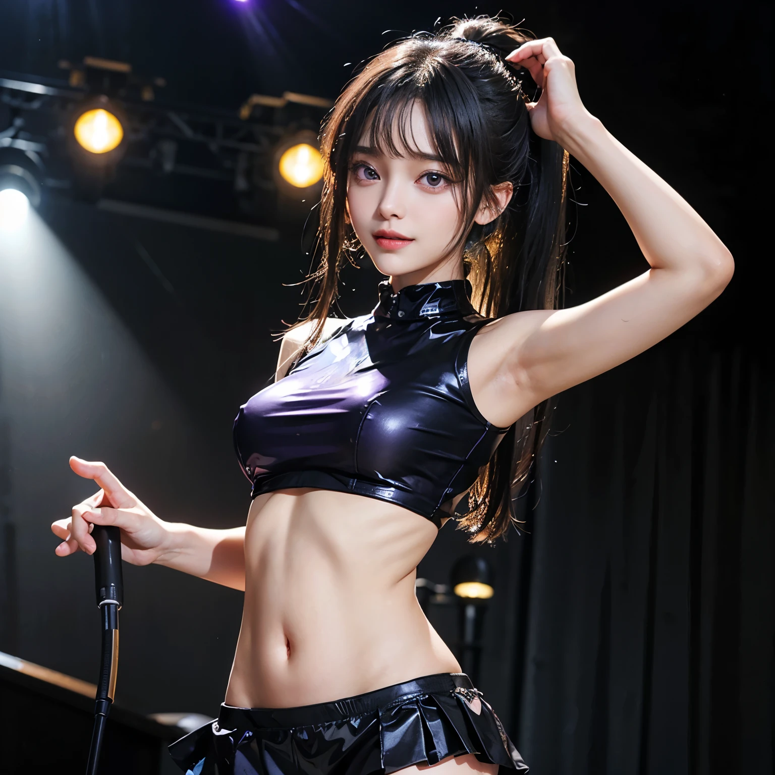 Bangs, Cat ear headbands, Ideally , have, 印have文字的短款系带 T 恤, Abdominal muscle stomach, short skirt, leg, sitting, low field of view, (stage background), bright colors, studio lights, soft light, dim lights, 3d animation