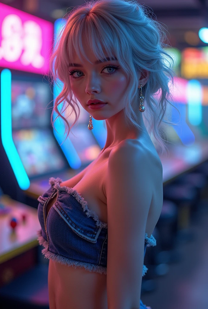 (8k, RAW photo, best quality, masterpiece:1.4),realistic,(lips closed)1girl, solo, full body, breasts, blue eyes, looking at viewer,  white hair, lips, bare shoulders, large breasts, ponytail, neon lights, closed mouth, bangs,<lora:Asian girls faceV2:0.75>,    <lora:deep_v-neck_dress:1>, deep_v-neck_dress
