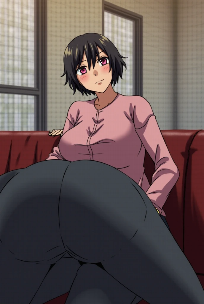 score_9, score_8_up, score_7_up, source_anime, BREAK by ikuchan kaoru, iku, clean color, flat color, 1girl, anime screencap, screencap, ebony, ebony woman, futa, afro, African, indoors, ass