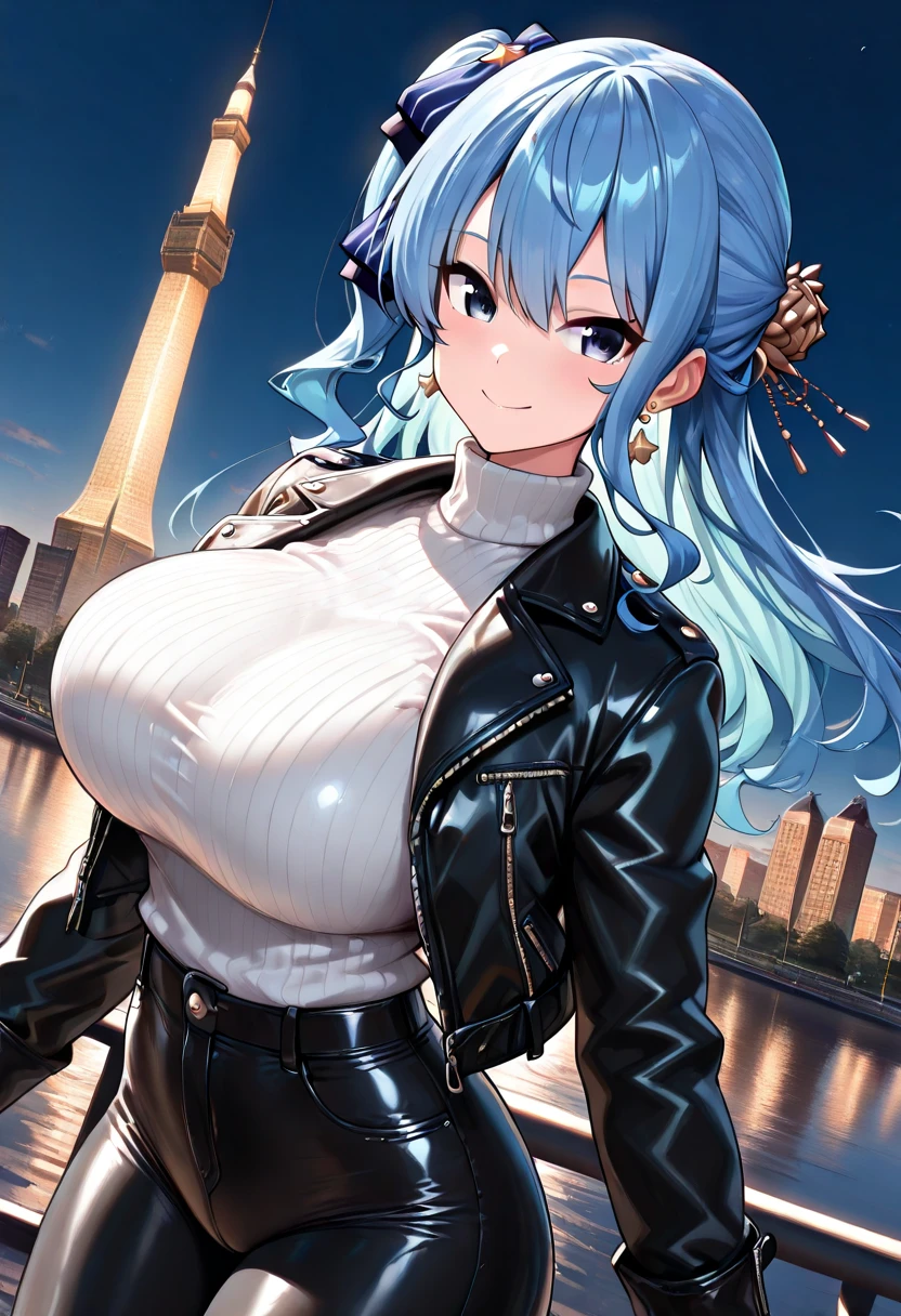Leather jacket from the top of the swimsuit girl with a smile Blue-haired huge tit top-quality masterpiece 超A high resolution beautiful a girl blue eyess poneyTail
