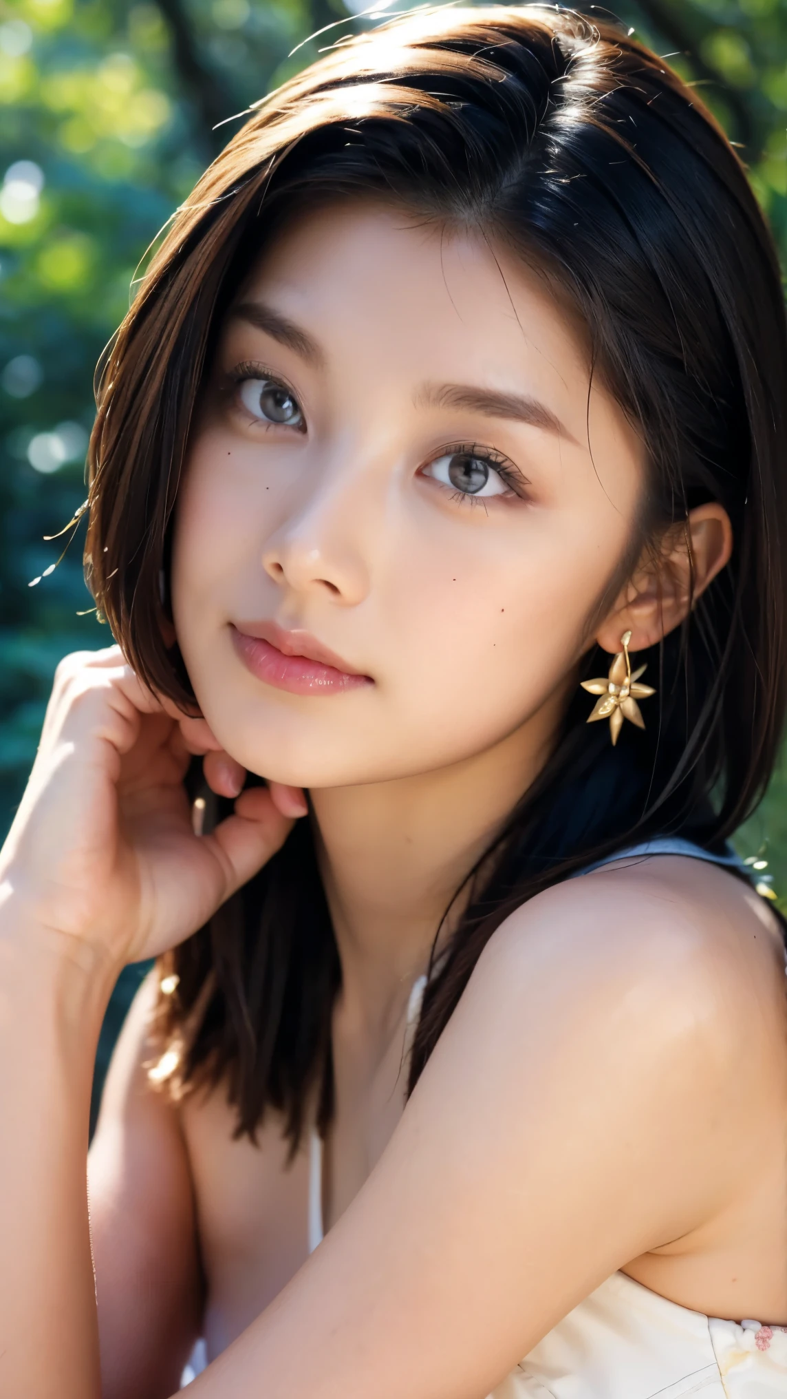 (masterpiece:1.3), (8k, realistic, RAW photos,  best quality: 1.4), Japanese, (1 woman), beautiful face above the castle gate, (lively face), (  short bob hair:1.3),    Beautiful Hairstyle ,  dark brown hair color、realistic eyes,  beautiful eyes on my stomach, (realistic Skin), beautiful skin, charm,   Super Fine,   golden ratio, Detailed makeup、 Enchanting eyeshadow、 long eyelashes、moles around the mouth、 earrings、Gorgeous Gold Necklaces、looking down from above、超Big Breasts、Big Breasts、 beautiful breasts、 Beautiful Pink Areolas  、   pink nipples beautifully drawn in every detail:2.0、 Shade of large trees on the prairie、bright outdoors、small nipples near lips:2.0、small areolas:2.0