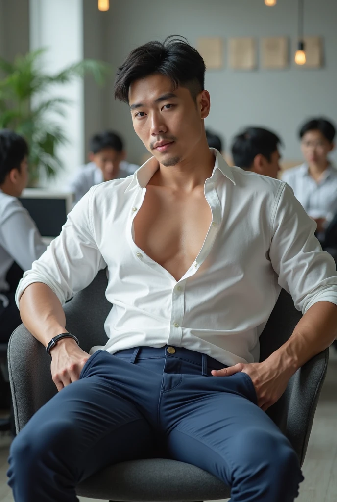 A man sitting on a chair，holding a glass of wine in hand, sexy masculine, Asian men, Handsome Chad Chin, wearing white shirt, male pose, cardigan, wearing shirt, steve zheng, V-chest clothes, male model, handsome man, handsome guy, Full body portrait holding bottle, Damian Chen, author：David Diao, wearing white shirt