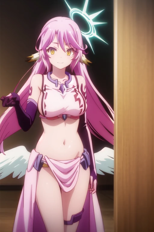 jibril, <lora:jibril s1-lora-nochekaiser:1>, 
BREAK jibril, angel, angel wings, animal ears, bird ears, compass rose halo, feathered wings, feathers, gradient hair, halo, long hair, low wings, multicolored hair, navel, pink hair, symbol-shaped pupils, tattoo, white wings, wing ears, wings, (yellow eyes:1.5), smile,
BREAK asymmetrical legwear, crop top, cross, gloves, mismatched legwear, sideboob,
BREAK indoors, library,
BREAK looking at viewer, (cowboy shot:1.5),
BREAK <lyco:GoodHands-beta2:1>, (masterpiece:1.2), best quality, high resolution, unity 8k wallpaper, (illustration:0.8), (beautiful detailed eyes:1.6), extremely detailed face, perfect lighting, extremely detailed CG, (perfect hands, perfect anatomy),