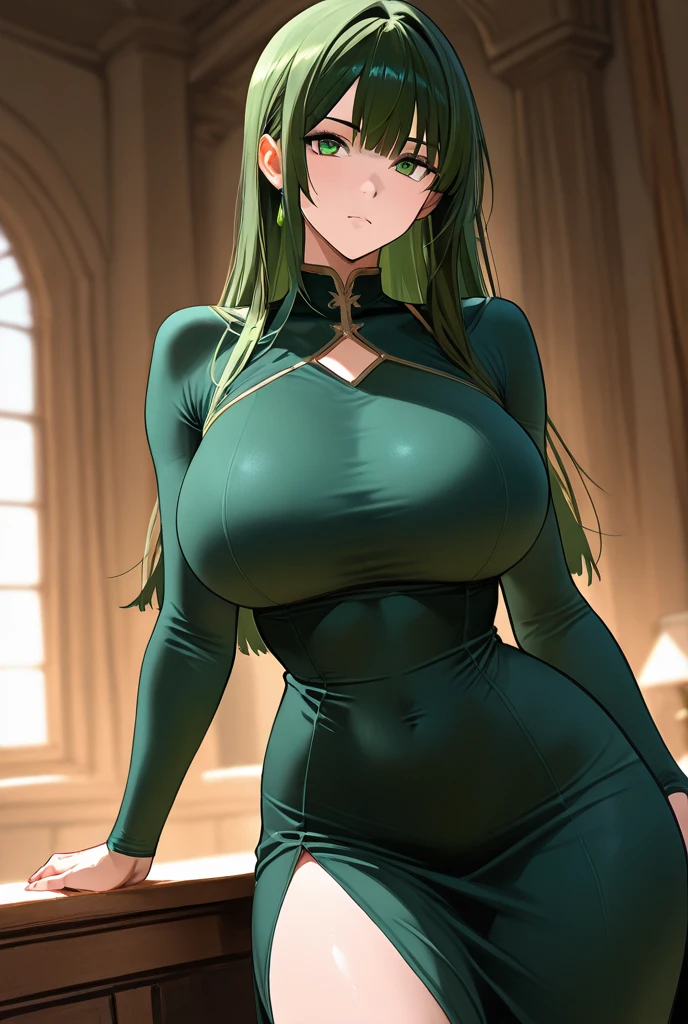 masterpiece, best quality, absurdres, 8k, perfect shadows,perfect lighting,hdr, cowboy shot,shiny skin,skindentation, beautiful body, NamiFinal, ((black hair: 1.4)), long hair, green eyes, ((helloutfit:1.1), underboob, elbow gloves, thigh boots, highleg panties, bare shoulders, curvy, midriff, curvy, thighs, higheels, shiny clothes), complex detailed background, inside, luxury palace) (gigantic breasts,hourglass body, thin waist,very slim waist)extremely detailed face,detailed eye makeup, detail face, nice detailed eyes,nice hands, perfect hands (realistic pupils,realistic iris:1) heavy eye makeup,glowing eyes, Bright eyes,standing,standing at attention,(seductive smile), gigantic breasts, curvy