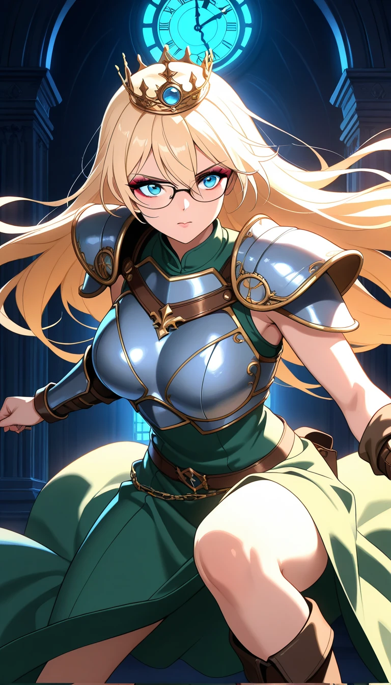 Elf in golden armor, large chest, white skin color, golden hair, Greek ruins background, blue eyes, wears glasses