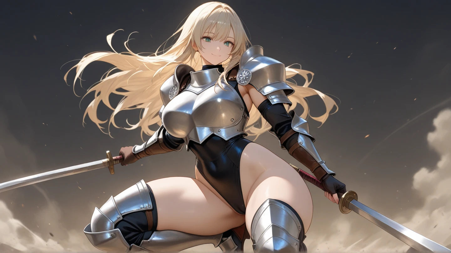 Very detailed、Highest quality、Best image quality、masterpiece、8k、(shoulder-length blonde hair:1.5、Medium Long Hair)、(smile、Open Mouth) 、(Hilarious)、(Big eyes)、(Beautiful and shining eyes)、(Detailed anime eyes)、(Puffy eyes)、(Big Breasts:1.8、necklace)、((SFW Huge Body:1.5))、(Wearing bikini armor:1.5、White highleg panties、Chest armor、Arm Armor、Leg armor:1.5、Wearing a helmet:1.5)