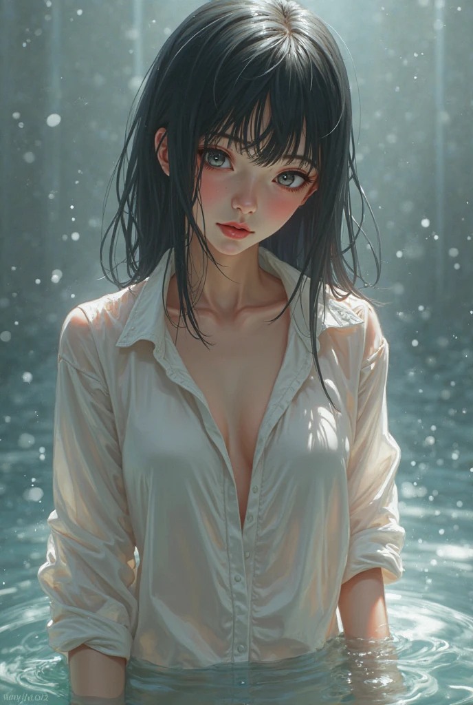 best quality, masterpiece, ultra resolution, (fidelity:1.4), photos, 1 pure girl, [(sad)], white shirt, dim, darkness, despair, pity, pity, movie, tears, teardrops, (torn clothes: 1.5), (wet clothes: 1.4), bare shoulders, real rain, wet hair,..