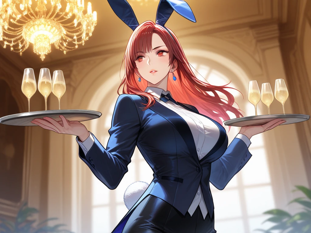best quality, (masterpiece:1.2), highly detailed, 1girl, solo,
city, medieval,
<lora:chara_GATEJietai_Delilah_v1:0.8>, delilah, standing, closed mouth, smile, holding tray,
orange hair, long hair, rabbit ears, blue eyes,
red dress, puffy sleeves, short sleeves, cleavage