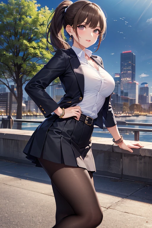 beautiful detailed 25 years old female, wearing Kogal Style: A fashion subculture with shortened skirts, loose socks, and preppy accessories, beautiful face, shiny white skin, white hair, slender, ultra large saggy breasts, massive cleavage exposed, random pose