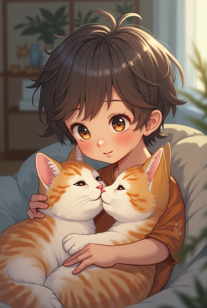 Anime Boy Shota Hugging His Cat 