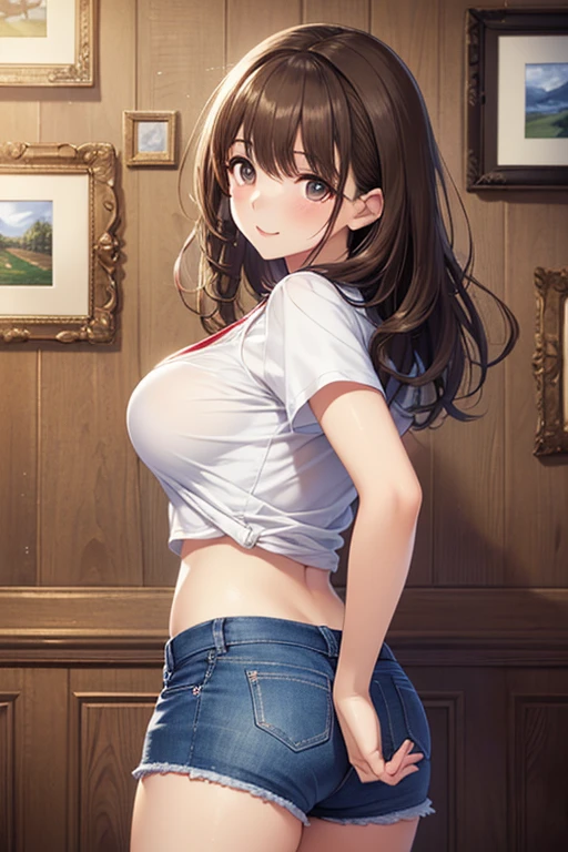 lean back, ((blush:1.2)), ((Fully closed eyes:1.3)), endure the pain, 1 girl, (alone:1.3), ((raise your arms)), hairpin, ((white shirt)), huge breasts, Naughty big breasts, ((long slender legs)), ((thin waist)), cowboy shot, thick thighs, denim shorts, Beautiful woman, pretty face, Close your legs