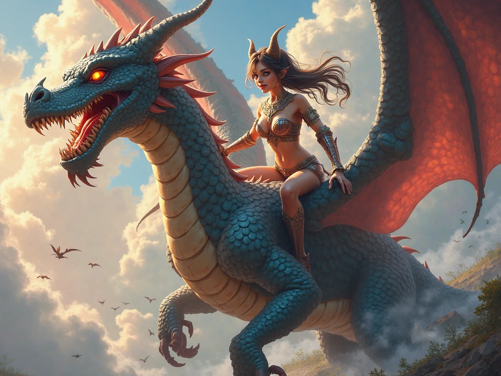 ((RAW photogr)), ((tmasterpiece)), absurderes, A high resolution, Ultra detailed, A beautiful girl rides on the back of a dragon,exquisite facial features,pretty eyes