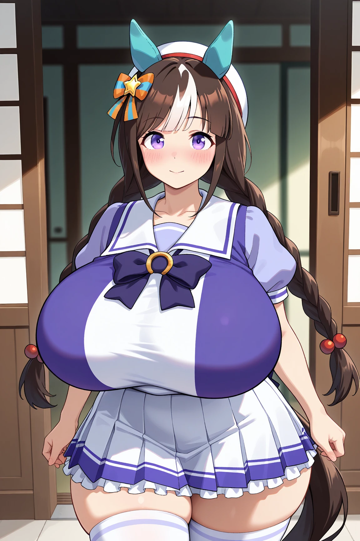 masterpiece, best quality, highres, 1girl, daiwa scarlet (umamusume), horse ears, long hair, twintails, tiara, horse tail, very long hair, brown hair, epaulettes, long sleeves, gigantic huge , Whipped thighs,Trasen , white thighhig, White skirt, sailor shirt, Puffy S Sleeves,Sailor collar, Purple shirt, a miniskirt,bangs,fang, red eyes, hair,between eyes, hair bow, smile,standing