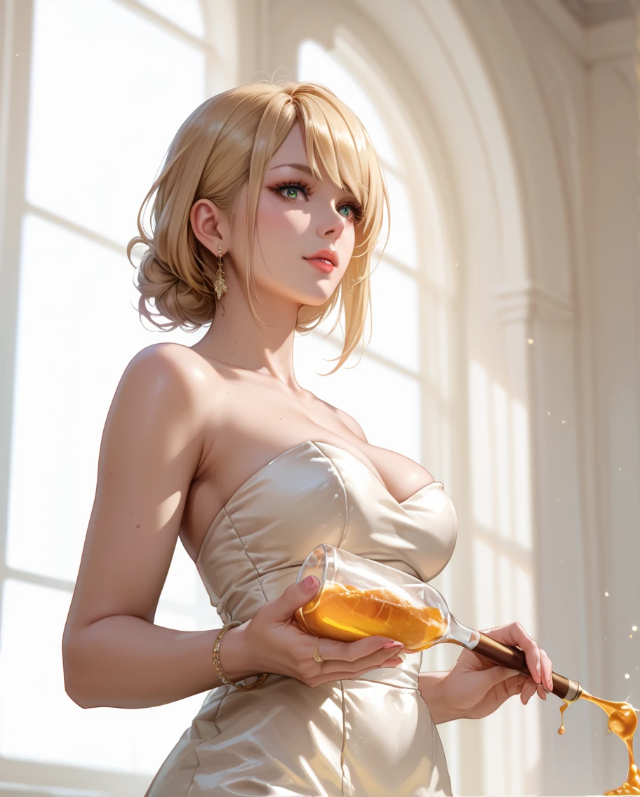 Your influencer character(sexy milf boobs) short blonde hair in the fancy restaurant, expensive interior lovely expression bright coloring smily face.
