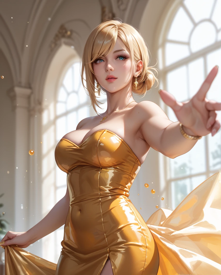 (((Masterpiece))), a stunning jazz singer woman, top quality, super detailed, classy and magnetic, classic style, fair skin, light brown with blonde highlights hair, Red Embellished Mesh Cowl Neck Bodycon Dress, simple pretty chain choker, cherries bracelet, Jazz club stage background
