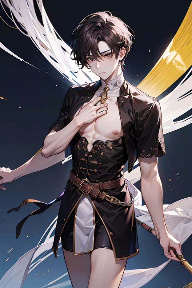 absurdres, highres, ultra detailed, HDR, master piece, best quality, Zhongli, dark brown hair, expressive yellow eyes, Genshin Impact, solo, sexy man, handsome, horny, lewd, black priest robes, accessories, showing the chest, cross necklace, priest, white gloves, fantasy, magical, white roses, white petals, blue sky, church, Nu Carnival