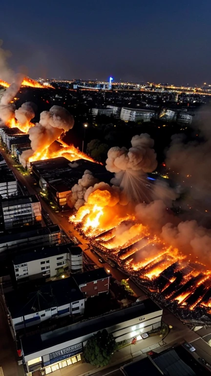there is a fire that is burning in the sky behind a building, explosion in background, explosion in the background, fire explosion in the background, with lots of fire coming from it, train station explosion, burning scene in the background, black smoke surrounds the area, explosions all around, the buildings are on fire, fire in background, fire smoke and explosions