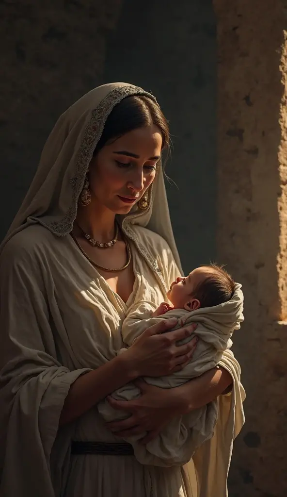 ((lifelike lighting, Melhor qualidade, 8K, Obra-prima: 1.3)), Foco claro: 1.2,Draw a heartbreaking scene in which Moses' mother, uma mulher hebreia, is on the banks of the Nile River, Holding your newborn in your arms with tears in your eyes. His face expresses anguish and resignation in the face of a difficult decision, but necessary.
The Nile River is depicted in its majesty, with calm waters and wide shores. The Hebrew mother cautiously approaches the riverside, symbolizing the extreme care she takes to ensure her child's safety.
Baby Moses is portrayed as a frail and innocent being, envolto em panos simples e seguros. His face is serene, like that of any newborn, while he seems asleep or looking with curious eyes at the world around him.
Emocionalmente carregada, The scene is enhanced by overcast skies, evoking a sense of melancholy and uncertainty regarding the baby's fate. The wind can shake up the surrounding vegetation, criando um ambiente de instabilidade e medo.
Take care to portray Moses' mother with empathy, representando-a como uma figura corajosa, who makes this painful decision in order to protect their child. The overall tone of the illustration should be melancholy, conveying the depth of the situation, but also charged with hope, symbolizing the desire for a better future for baby Moses
