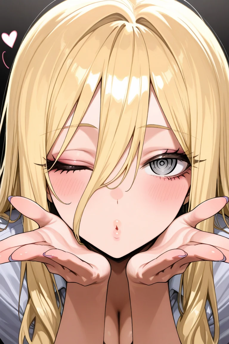 (((close up,holding black collar,in front of a viewer,red face,blush,big blush))),naked,tongue out,squinting eyes,looking at viever,lewd,best quality, oriana rose, long hair, blonde hair, yellow eyes, drill hair, bangs, blunt bangs,