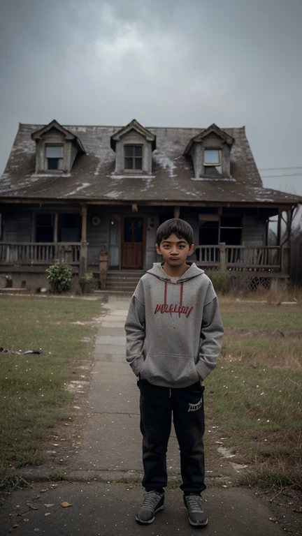 A boy standing outside a haunted mansion
