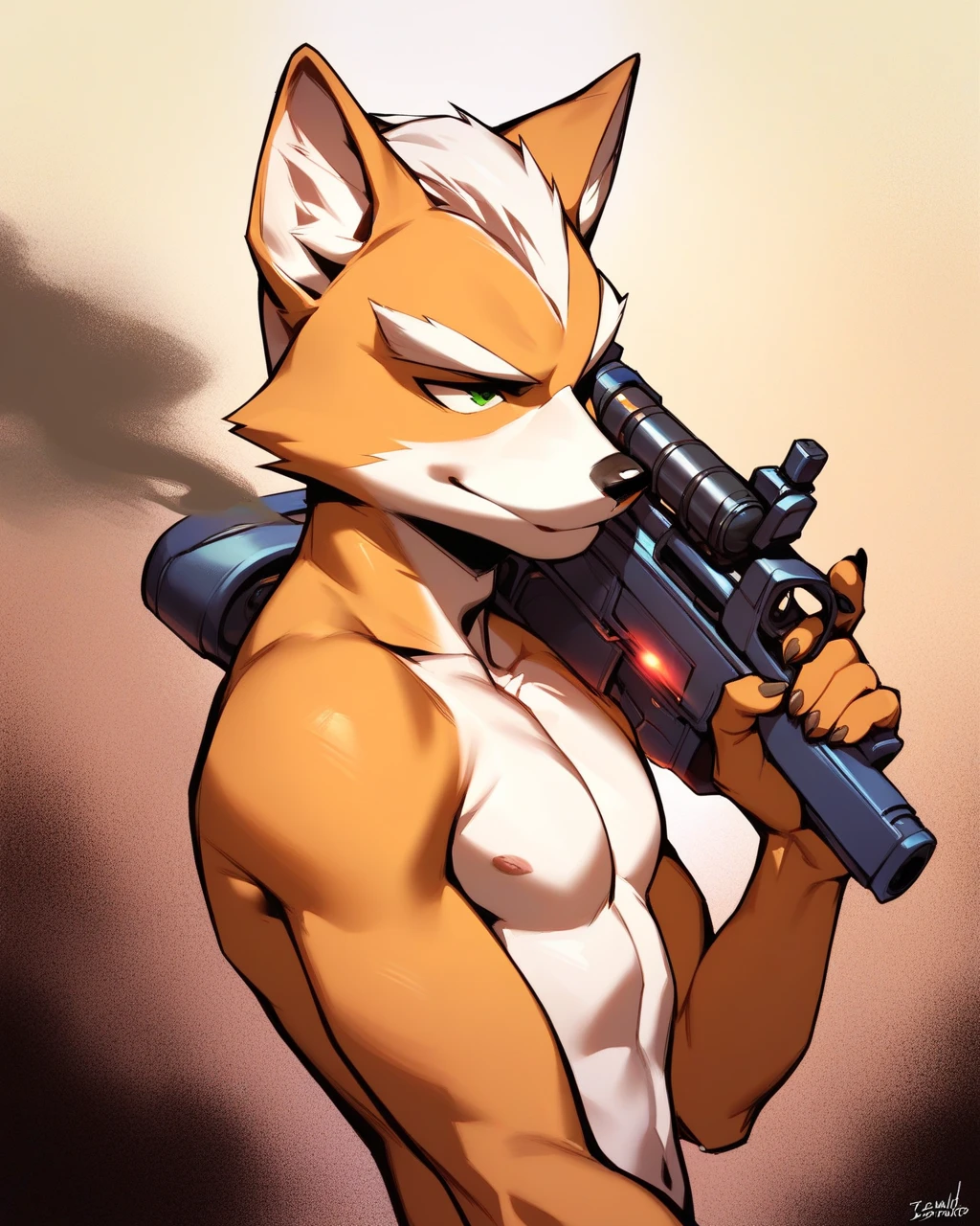 furry, furry art, source furry, (by kihu), solo, young, young face, muscular, pecs, abs, small waist, tall, white arctic wolf, wolf tail, white fur, ponytail white hair, nude, talking, speaking, black mouth, big blue eyes, hard nipples, erect white penis with foreskin, erection, white foreskin, leaking precum, robot, (broken neck:1.2, damaged chest:1.2, cracked belly:1.2), detailed synthetic parts, detailed synthetic components, in a factory, factory interior background, holster, gun, handgun, holding gun, carrying gun, aiming gun, angry, angry expression, looking around, looking away, full body, full body portraits, full body shot