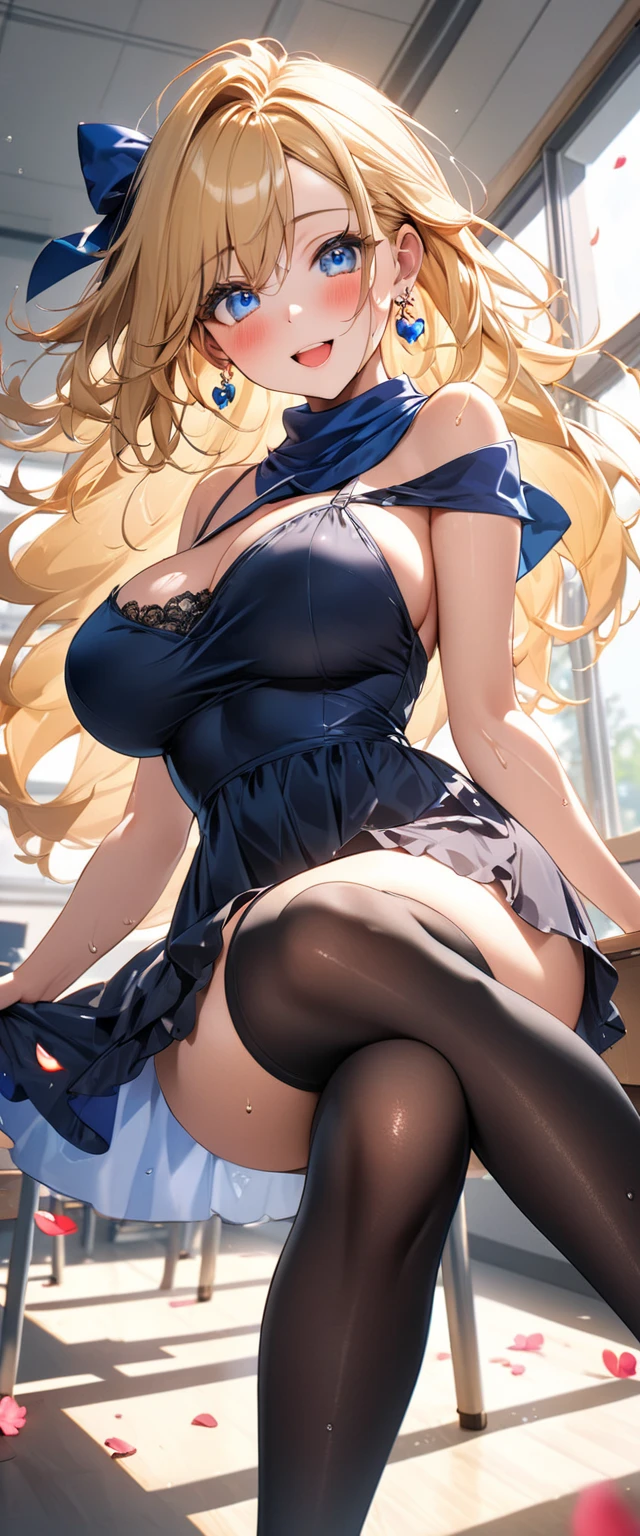 only 1 character, a girl,, hair in a pony tail, blonde hair, blue eyes, , Hair Flower, , , Big eyes, plaid skirts, black thigh-highs, embarrassed, b1mb0, detailed skin skin blemish
