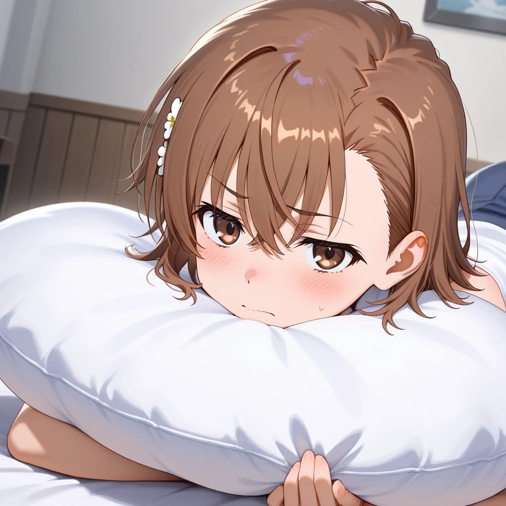 1girl,indoor,bedroom,Lying on your back,Close ~ eyes,orgasm,Dripping saliva,in heat,White camisole,Ruffled Skirt,Brown Hair, short hair, ponytail,Flat Chest, trembling