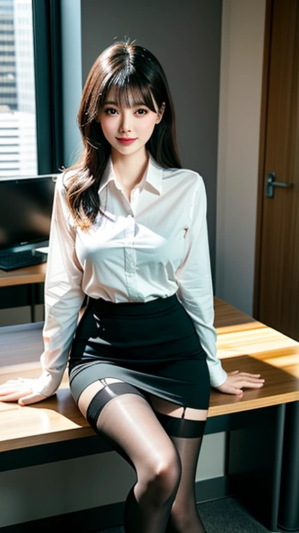 ((top-quality、8K分辨率、Master masterpiece、Portrait:1.3)), Photorealsitic, foco nítido, high-level image quality, hight resolution, Portrait, Solo, (1人の女性:1.5), japanes, Beautie, 30-years old, Bob Hair, (Wrinkles at the corners of the eyes:0.1), (Skirt lift:1.6)、(Show panties :1.5) , Business suits, whiteshirt, Employee ID card on neck, (Inside the office、window、Cityscape、desk work、tag、cloudy ash sky:1.4)、
