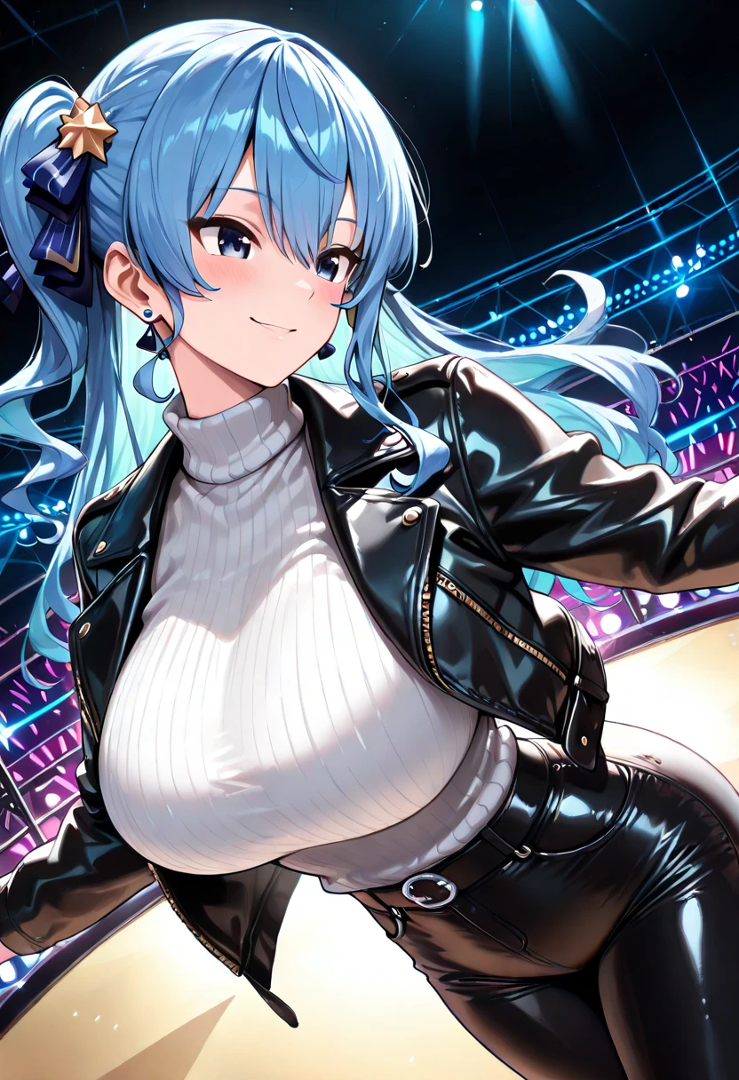 (( close、16K、Highest quality、Attention to detail、Rich skin detail, Browsing Caution))、 (Beautiful Eyes), ((Huge breasts、Armpits、))、 ((Grey leotard、Yellow jacket、Glossy dress、Black knee socks))))、(Pink eyes)、((Light blue hair、Blunt bangs、Long Hair、Straight hair)), ((blush))、(Wide Hips、Thick thighs)、((((smile、Jagged teeth、Embarrassing))))、((city))