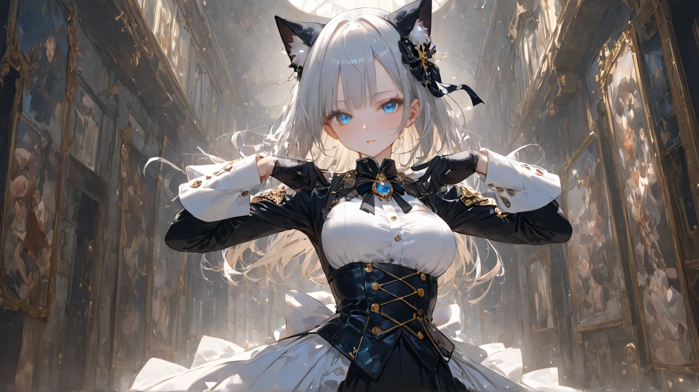 (((4k, masterpiece, top-quality))) ,8k, best quality, high resolution, HD, (arms behind back:1.2), unity 8k wallpaper, (((illustration))), beautiful detailed eyes, extremely detailed face, perfect lighting, extremely detailed CG, 1girl, solo, animal ears, sweater, shorts, breasts, cleavage, white sweater, off shoulder, cat ears, skirt, pleated skirt, animal ear fluff, bare shoulders, off-shoulder sweater, lynette, cat ears, hair bow, (purple eyes:1.2), brown hair, (((single star on left cheek))), bow, green bow, pantyhose,
