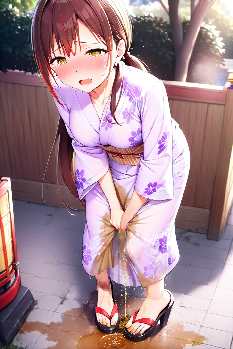 NSFW, (masterpiece, top quality, best quality, highly detailed:1.6), anatomically correct,(woman standing on the shrine, outdoor, Sandals:2.9),(Pastel Colors kimono, Maxi Length, Extremely wet with pee:2), (standing:2.9),(Midnight:3), (leaning forward, hands between legs:2), (Touching crotch, holding crotch:3), (rubbing knees together, pee running down legs:2.5), (((clutching crotch))), (full body), wide shot, long shot, strong facial expression, (sharp eye:1.2), (scowl:1.1), (embarrassed,blush:1.3), (steam:2.9), (Wet:1.1), (sweat:1.1), (trembling:2.3), (open mouth, wavy mouth:1.7), (clenched teeth:2.3), (Drooling from the mouth:0.7), (half open eyes:2.5), (Close one eye, Winking:3), (tears:2.7), (feeling weak:1.5), (bravery crying, sobbing:1.5), (shoot from front:1.2), colorful, ((indoor)), (Low Ponytail, very long hair, Dark brown hair, Extra long hair:1.9), (Round Glasses:0.6),(high-heels:0.5), (woman trembling with sexual climax), urination, piss, peeing self, A lot of pee, large breasts, (((pee stream))), (pee puddle), pee stain, peeing, blush, embarrassed, Are crying, Yellow pee, ((leaking pee)), Shaking one's shoulders, Breaking a sweat on forehead, Wetting self, puddle of pee, Pee at your feet, Pee spread on the floor, Pee stains, Dripping pee between my legs, Feet Wet from pee, Pee-covered feet, Pee at your feet, want to pee, about to pee, Full bladder, The limit of holding in pee, A big pee, Pleasant pee, a big puddle of urine at my feet,Non-stop peeing, Unstoppable peeing, panty Wet with pee,A pleasant feeling of urination after holding it in to the limit,Pee-soaked kimono, Pee-soaked thighs,Pee-soaked hands, natural makeup,