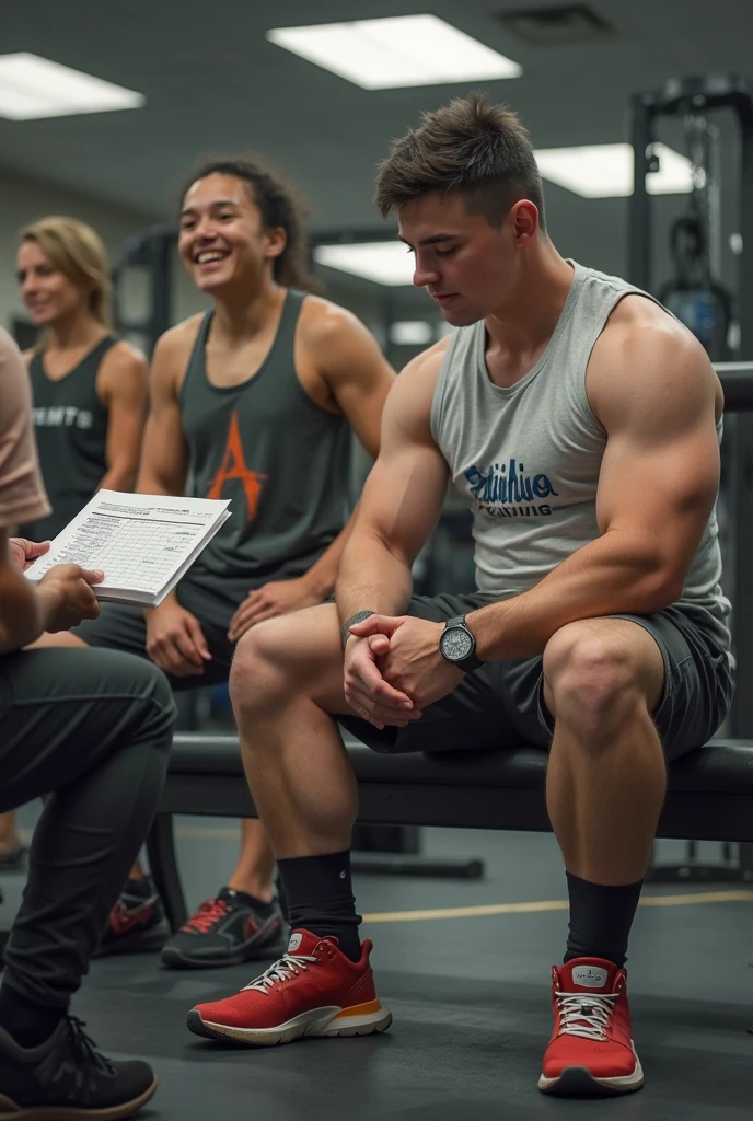 Gym weight room, muscular handsome jock ((age 21)), ginger hair, grinning, sexytrainer, tank top, shorts, sneakers, crew length socks, ((crotch bulge)), exercise, (homoerotic), masterpiece, best quality, (((full body portrait))), ((full body)), (looking at viewer), longshot, highly detailed, (high skin detail), (high face detail), ((photorealistic)), smile, flirt