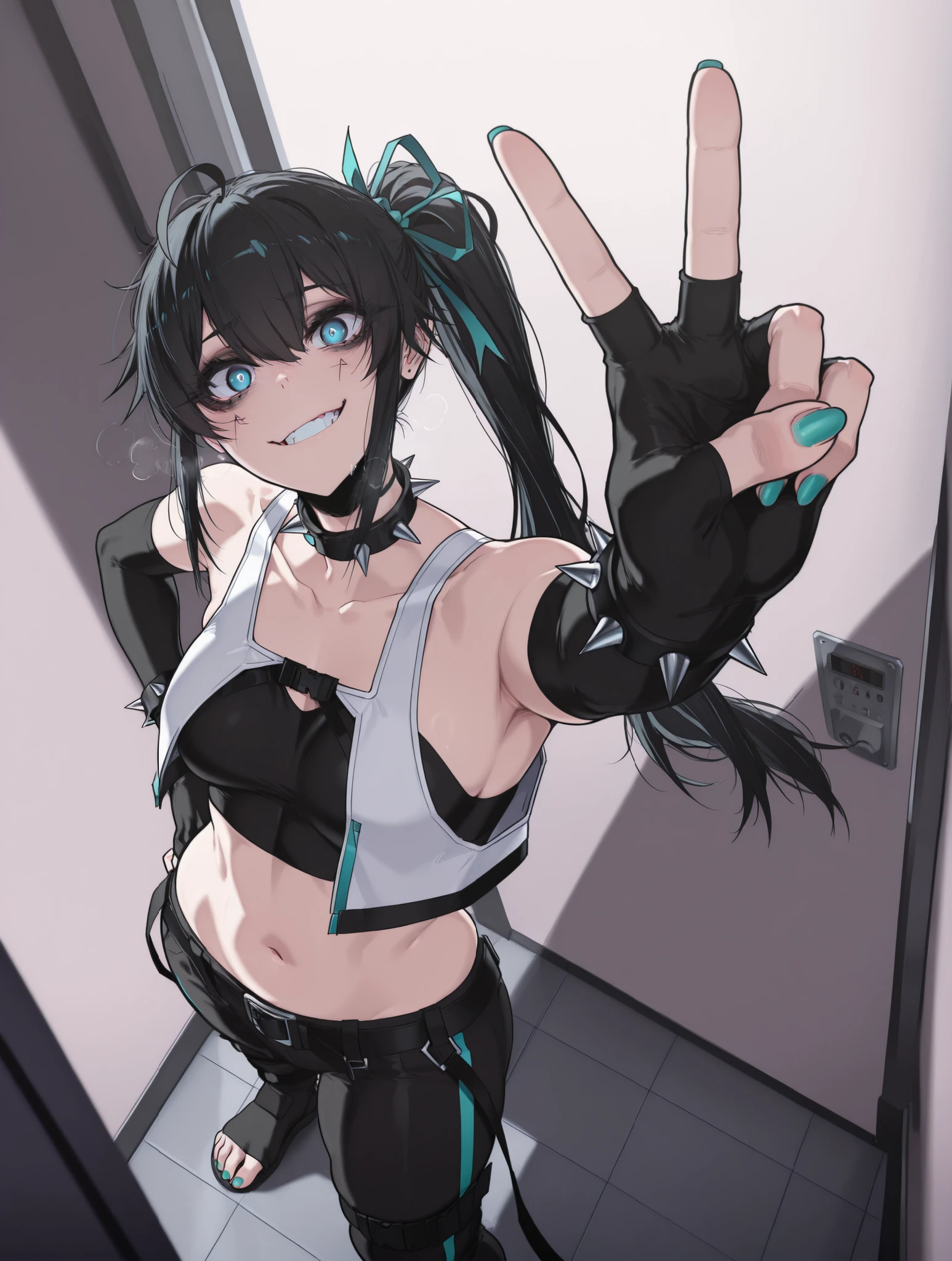 ace_glitch, Anime-style , anime coloring, anime screencap, ((Cinematic, unreal engine, eye-catching, ambient occlusion, UHD, masterpiece)), ((perfect lighting, rim lighting)), comic, score_9, score_8_up, score_7_up, score_6_up, score_5_up, score_4_up, uncensored, detailed background, vignetting, masterpiece, Cinematic, high quality, absurdres, best quality, very aesthetic, newest, digital art, trending on ArtStation, ((anatomical correct)), perfect body, perfect eyes, perfect fingers, gasping, heavy breathing, gasping profusely, cinematic, ((skindentation)), ((curvy)), yukinoshita yukino,long hair,black hair,blue eyes,hair ribbon,ahoge, ((small breast)), plump, bright pupils, 1girl, spikes, solo, gloves, fingerless_gloves, spiked_collar, spiked_bracelet, nail_polish, bracelet, collar, jewelry, v-sign, looking_at_viewer, breasts, navel, toenails, aqua_nails, foreshortening, smirk, pants, toenail_polish, belt, from_above