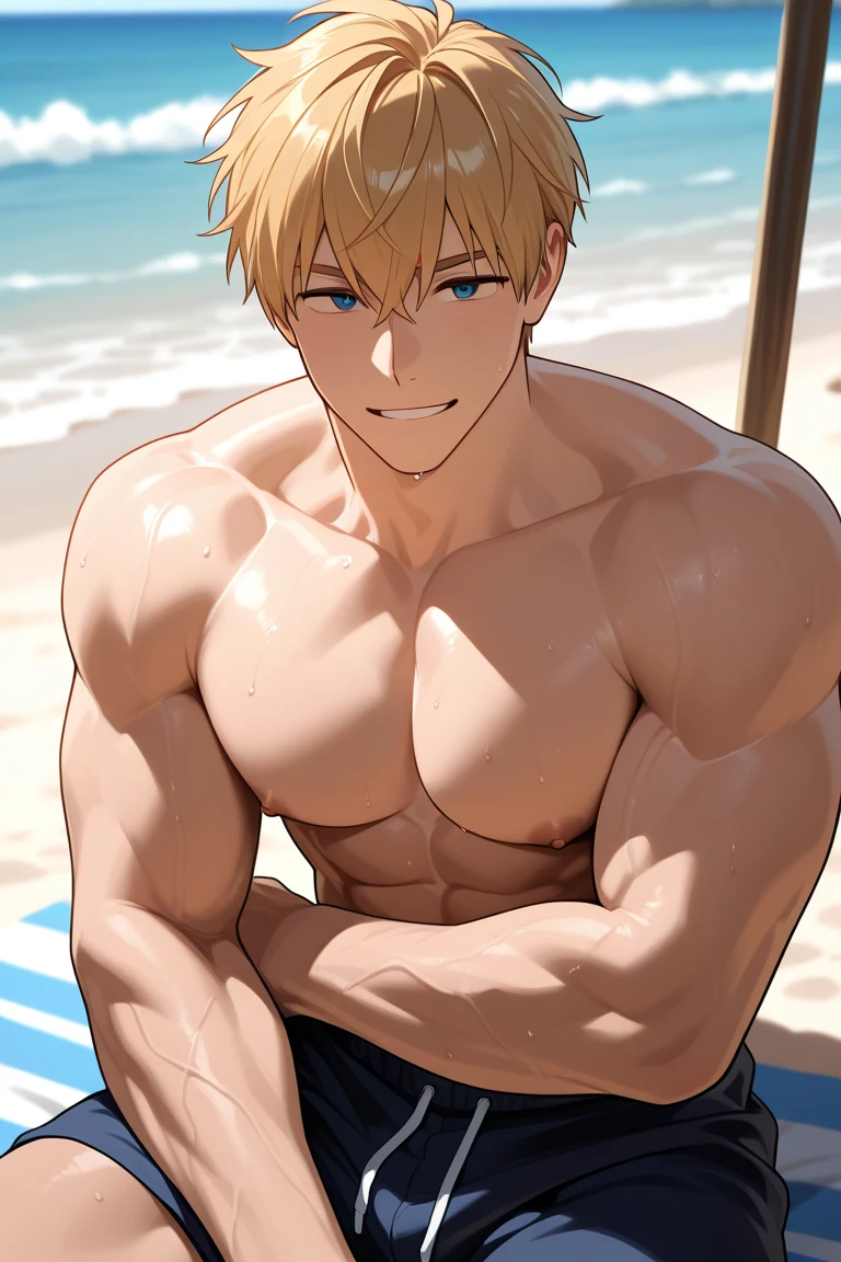 (score_9,score_8_up,score_7_up,score_6_up,score_5_up,score_4_up), best quality, best lighting, high-definition background, in FGO style, 1 boy is 18 yo, brown hair, red eyes, muscled, topless, ((veiny arms)), swim brief, (huge bulge), mokkori, beach, public hair, armpit hair