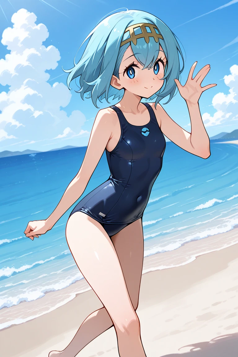1girl, solo, looking at viewer,
ononokiyotsugi, aqua hair, short hair, green eyes, twintails, thick eyebrows,
one-piece swimsuit, blue swimsuit, hat,
beach, sea, arms behind back,
<lora:ononoki-yotsugi-test-v2:0.8>